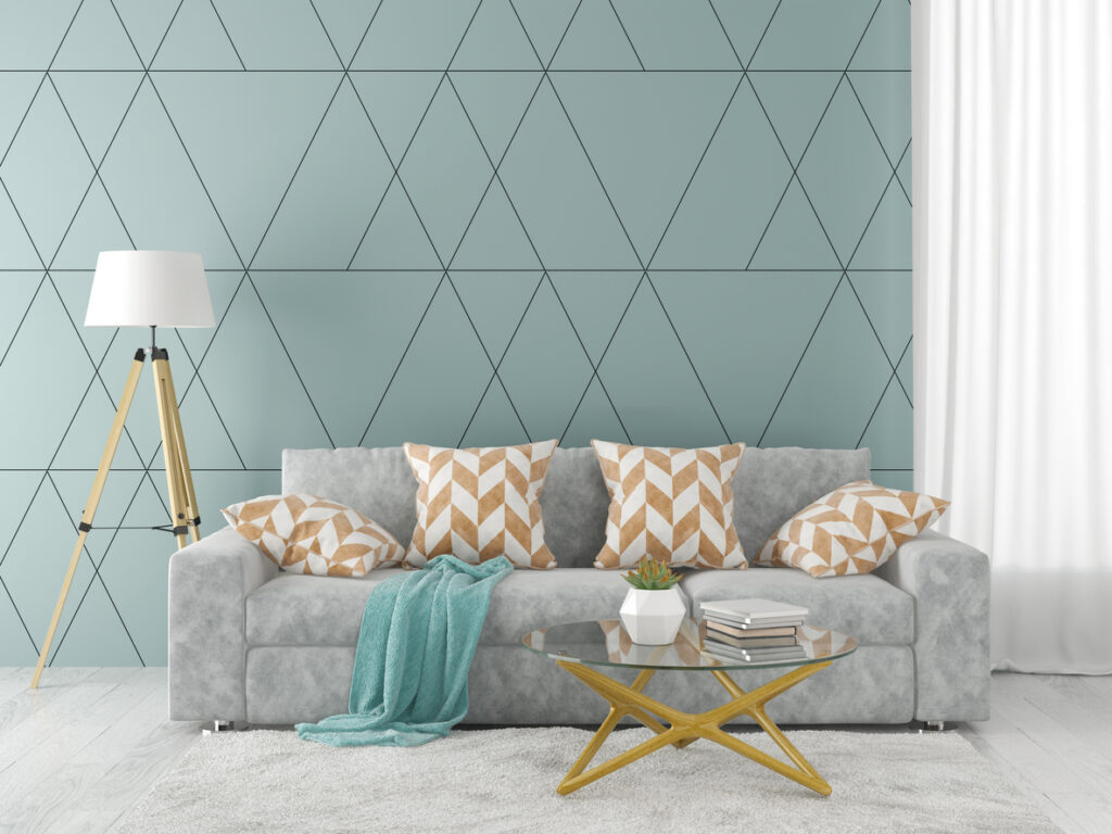 Interior of modern living room with sofa and furniture 3D rendering Geometric Interior Wall