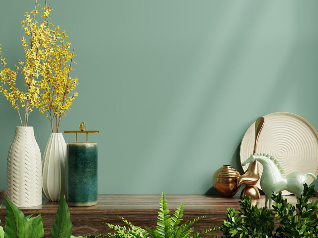 Interior wall mockup with green plant,Green wall and shelf.