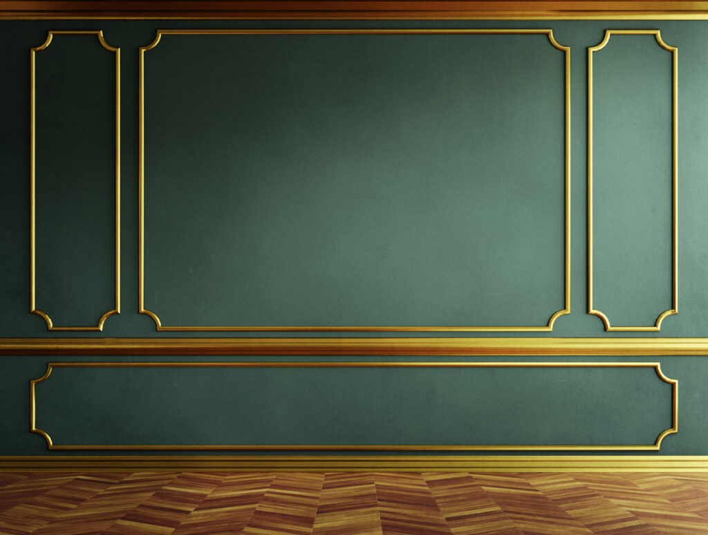 Luxury room interior with golden molding decor and blue wall in vintage style. Metallic Accent wall