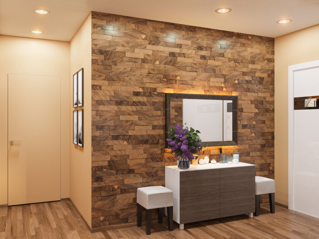 3d illustration of the interior design of an apartment in Scandinavian style. Architectural visualization of the interior hallway in warm colors. Interior Accent Wall